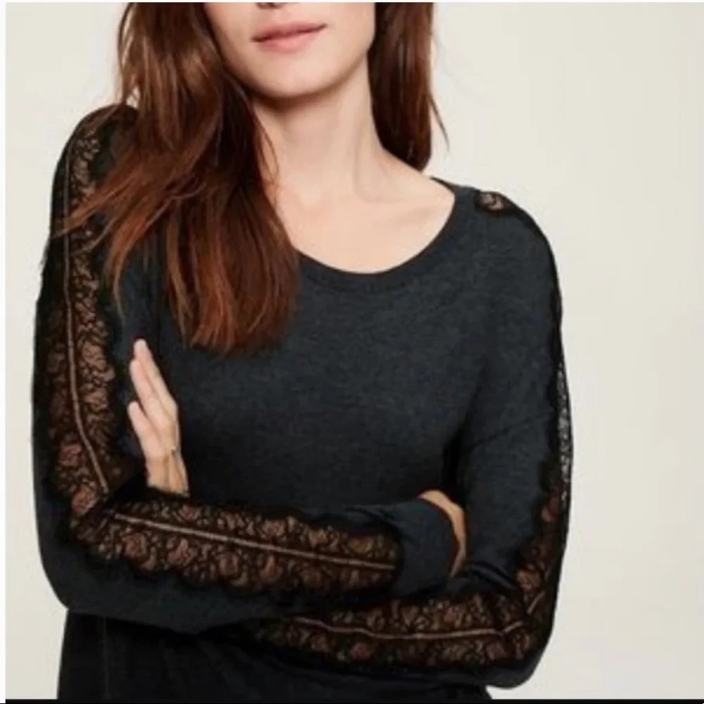 Ann Taylor LOFT Women's Sweater with Lace Sleeve Detail Gray/Black Size XS